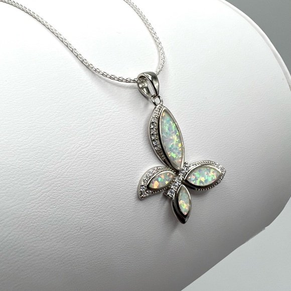 .925 Sterling Silver Lab Created Opal & Cz Butterfly Necklace - Picture 4 of 17